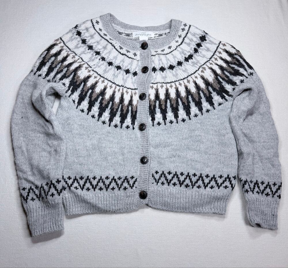 H&M L.O.G.G. Fair Isle Cardigan Small Wool Alpaca Nordic Ski Lodge Gray